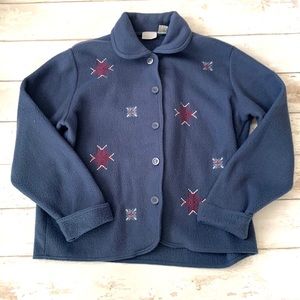 Women’s M Fleece Button Up Peter Pan Collar Sweater Blue Snowflakes Print Medium